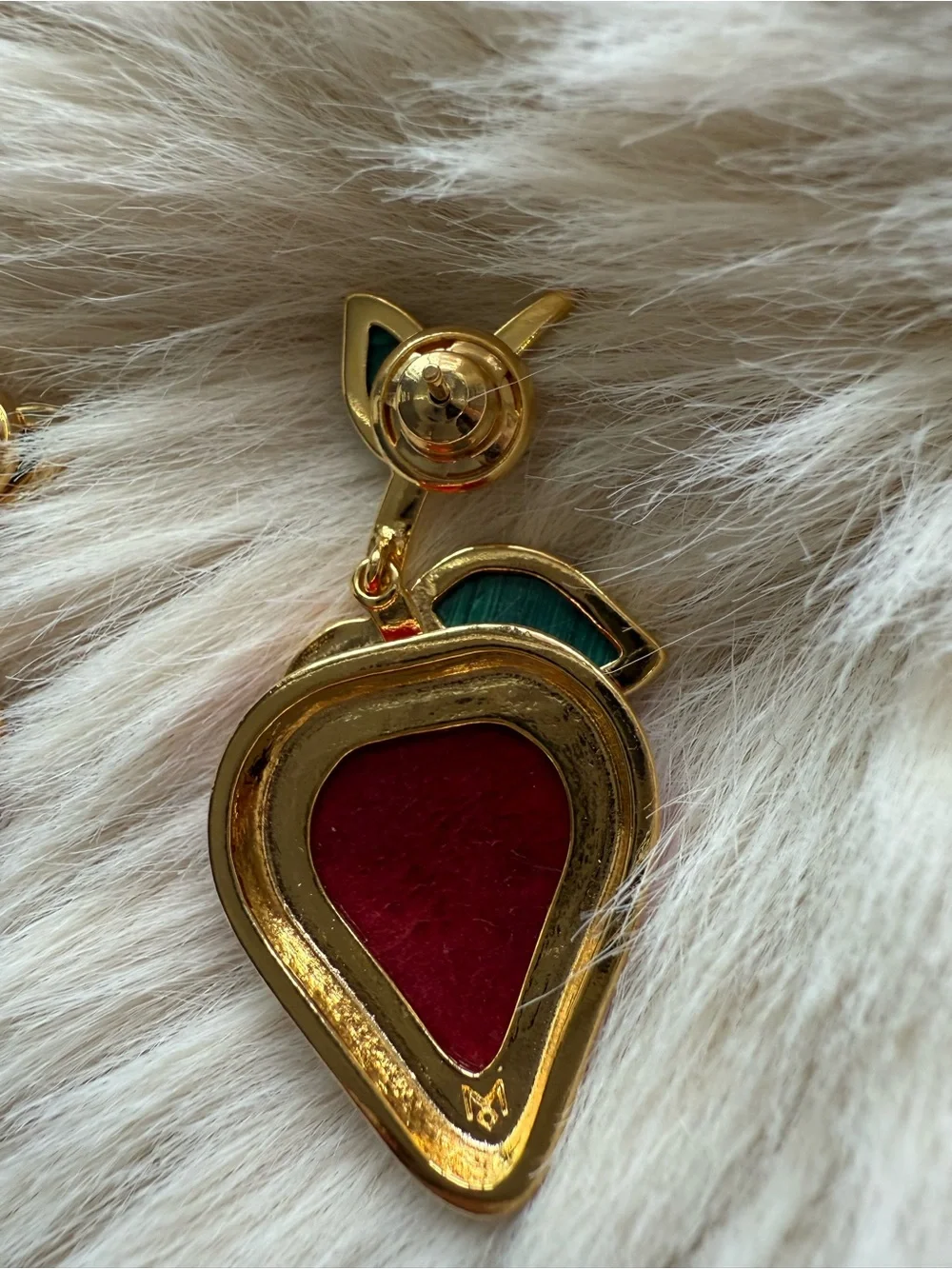 Gold-Tone Strawberry Drop Earrings with Red and Green Enamel